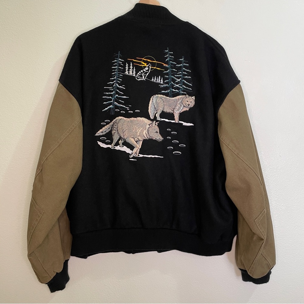 Vintage Treeline Outfitters Wolves Embroidered Wool Blend Bomber Jacket